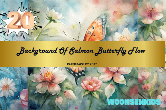 Beautiful Background of Salmon Butterfly Flowers Watercolor PNG KDP Digital Paper