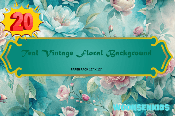 Top Teal Vintage Floral Background Watercolor PNG KDP Digital Paper
