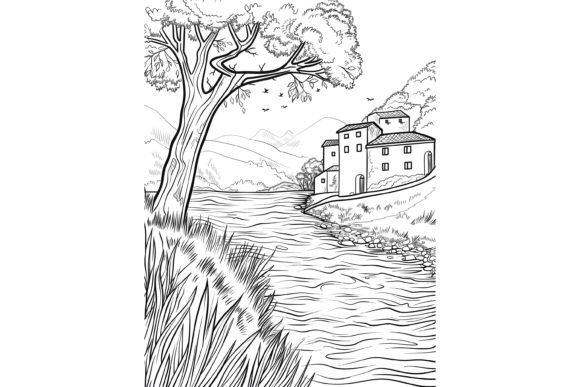 Village River Scene Adults Coloring Page